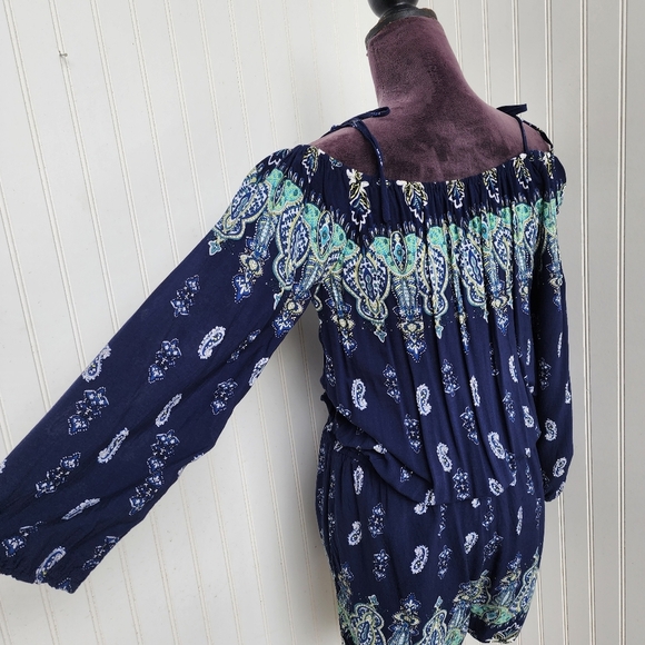 Kori America White Navy Blue Romper Off The Shoulder Tie Paisley Rayon Sz M - Picture 9 of 16